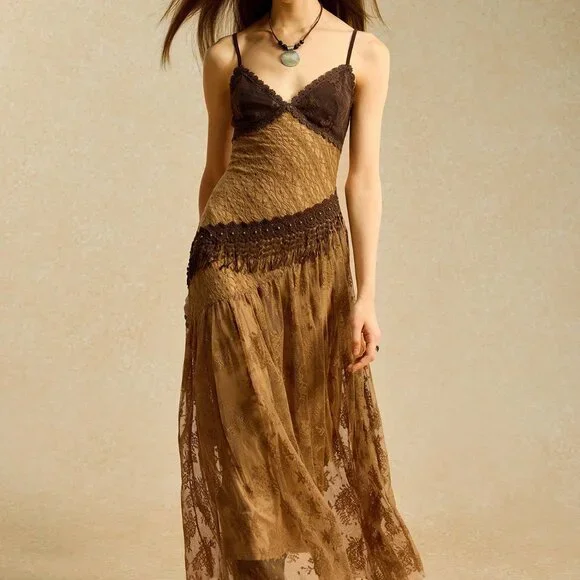 Brown Boho Lace Patchwork Women's Cheetah Print Maxi Sundress - Picture 5 of 7